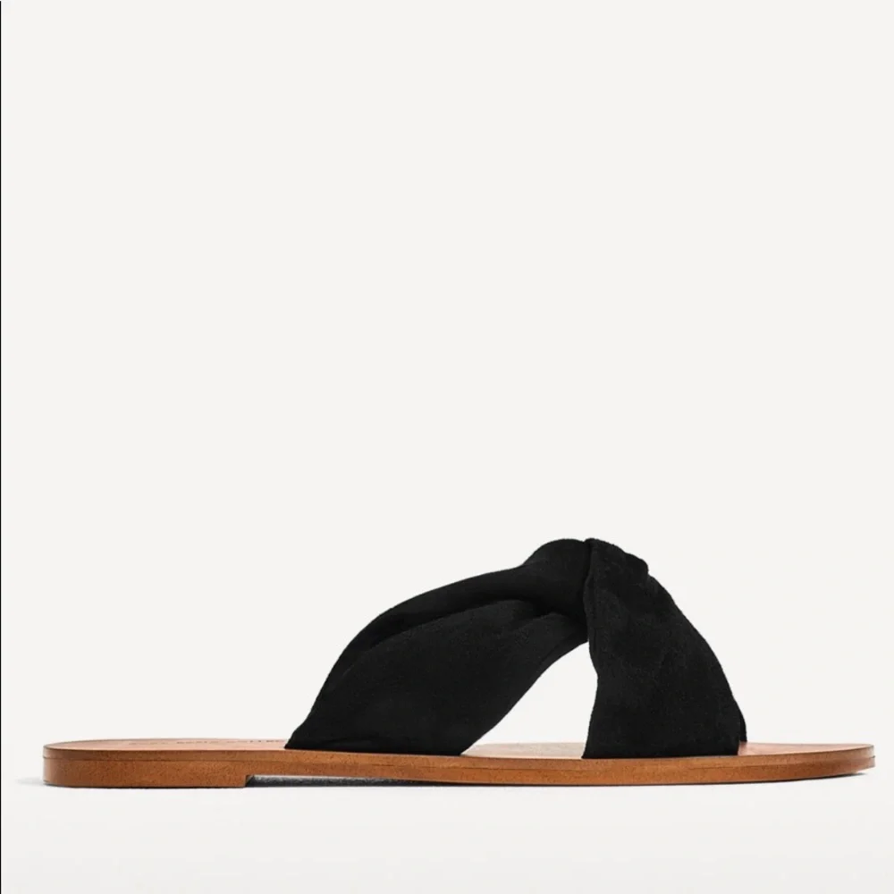 🤍 ZARA Black Knot Detail Leather Suede Sandals - Picture 4 of 7